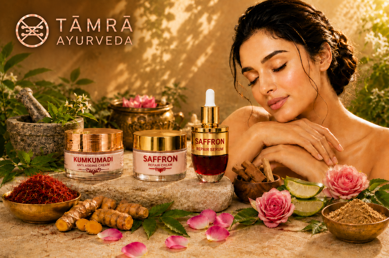skincare products with saffron serum, Kumkumadi cream, and natural Ayurvedic ingredients for a healthy beauty routine