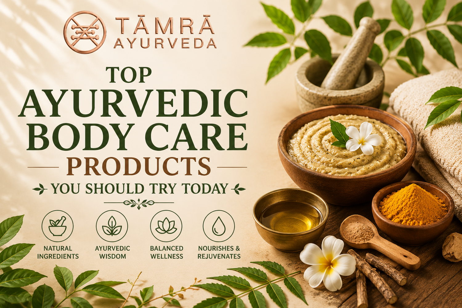 Top Ayurvedic body care products with herbal wellness setup