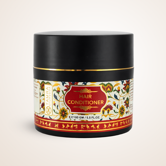 Tamra Ayurveda Hair conditioner jar with decorative label on a light beige background