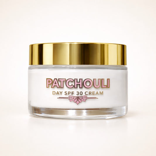 Tamra Ayurveda Patchouli Day SPF 30 Cream jar with gold lid on a white background