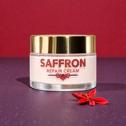 Jar of saffron repair cream with a red background