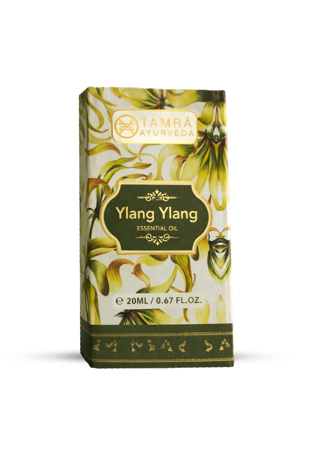 Ylang Ylang essential oil packaging with floral design on a white background