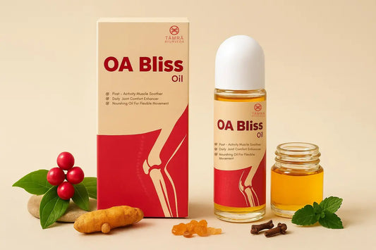 OA Bliss oil packaging with a bottle and box on a beige background