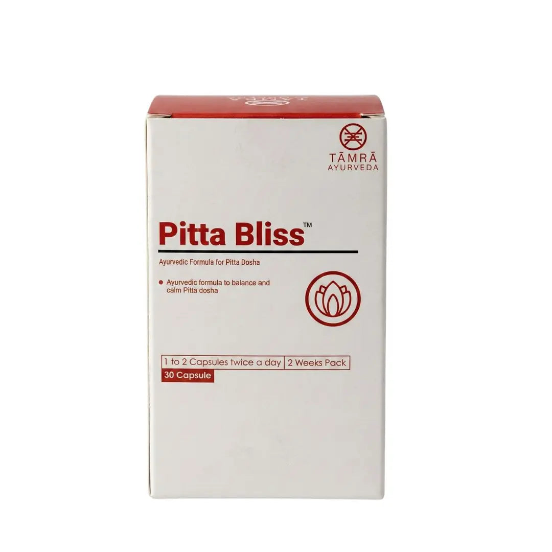 Box of Pitta Bliss capsules by Tamra Ayurveda on a white background