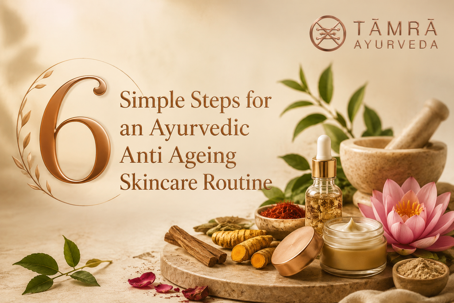Banner showing 6 step Ayurvedic anti ageing skincare routine with herbal care