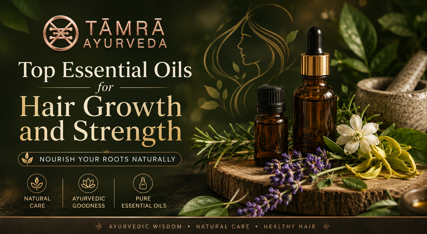 essential oils for stronger hair growth in a natural Ayurvedic wellness setting
