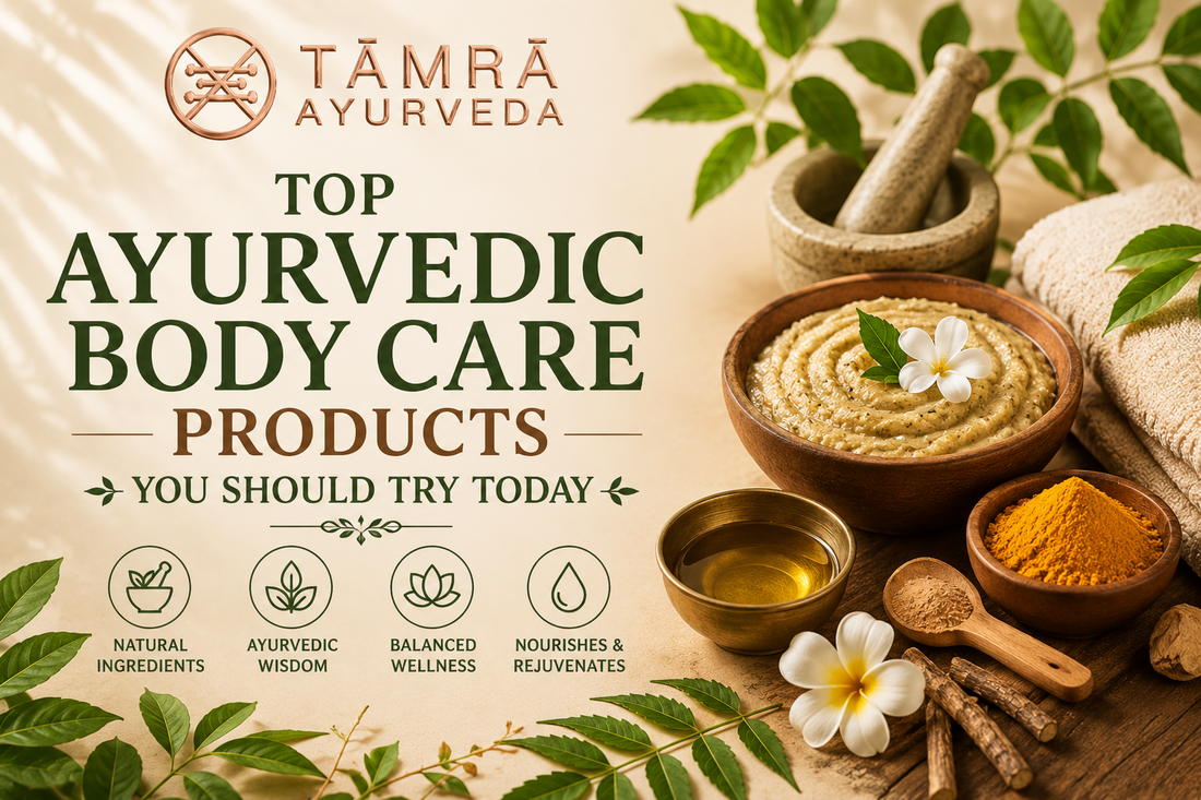 Top Ayurvedic body care products with herbal wellness setup