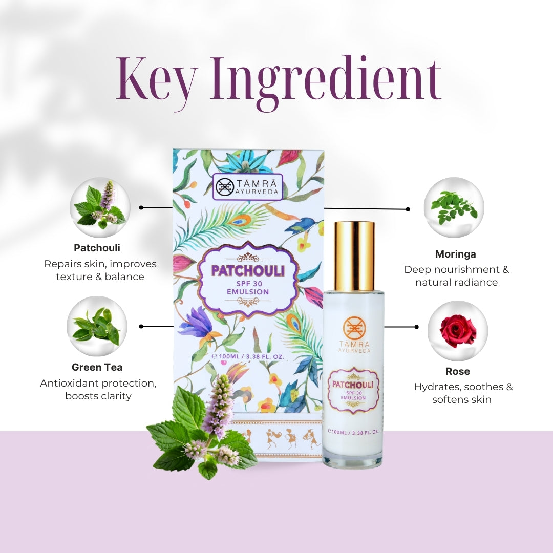 Tamra Ayurveda Patchouli skincare product with key ingredient information on a light background