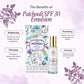Patchouli SPF 30 Emulsion packaging with benefits listed on a light purple background
