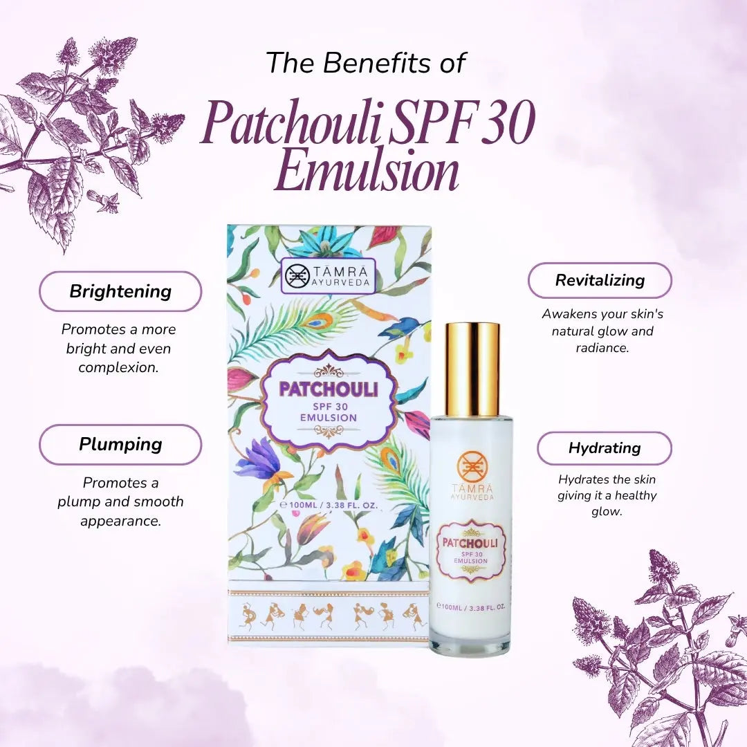 Patchouli SPF 30 Emulsion packaging with benefits listed on a light purple background