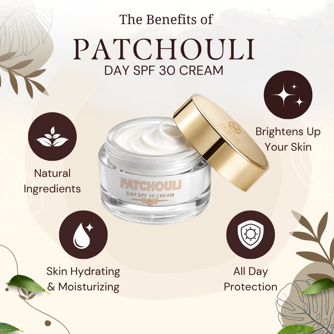 Patchouli Day SPF 30 Cream jar with benefits listed on a beige background