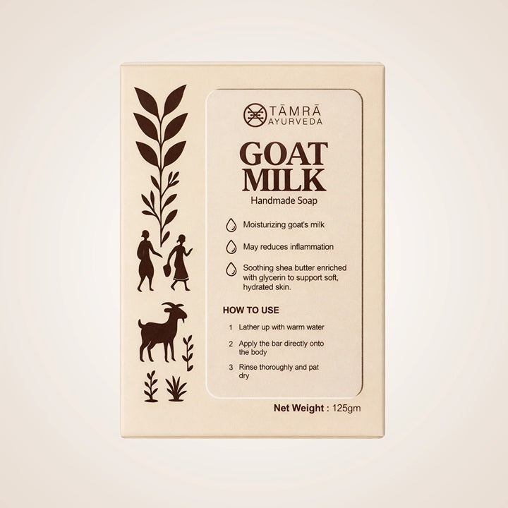 Tâmra Ayurveda Goat Milk soap packaging on a beige background