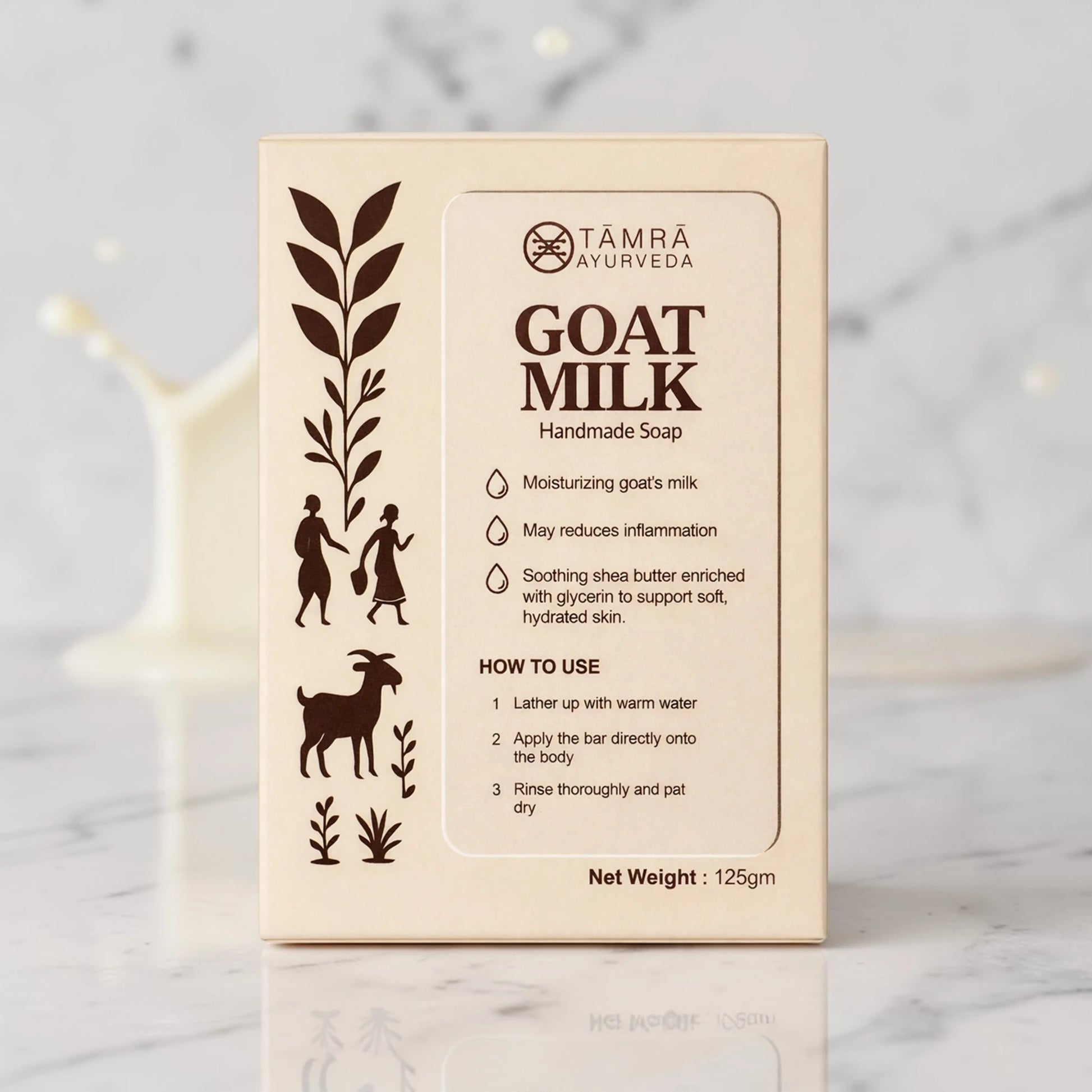 Tâmra Ayurveda Goat Milk soap packaging on a marble background