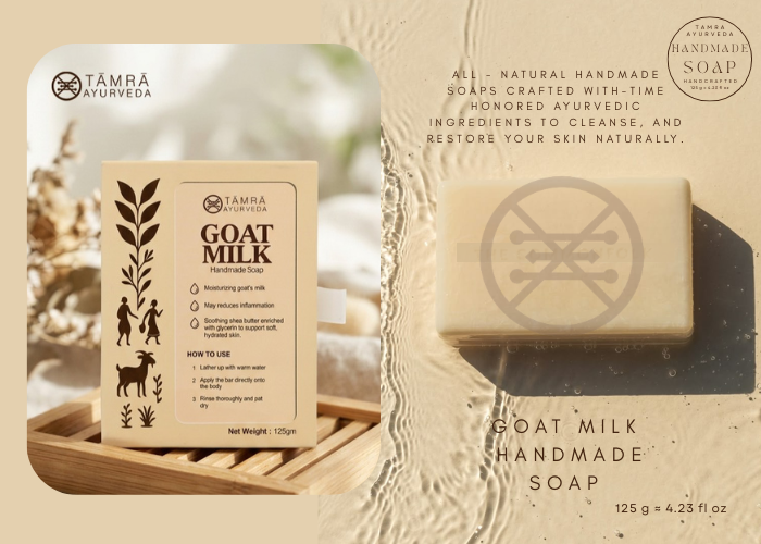 Támra Ayurveda goat milk handmade soap with packaging on a beige background