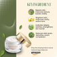Promotional image of a skincare cream jar with key ingredient benefits and branding elements.