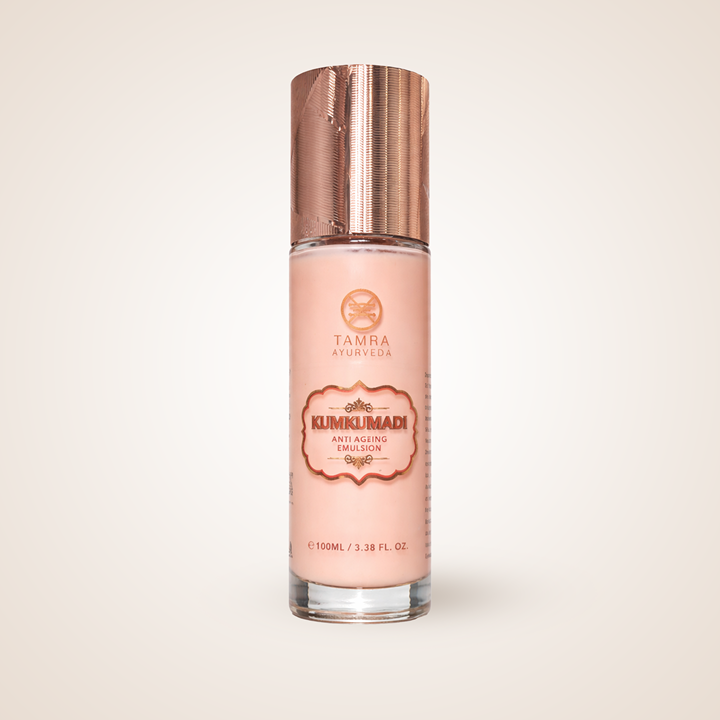 Tamra Ayurveda Pink bottle with a rose gold cap on a light beige background