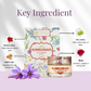 Kumkumadi anti-ageing scrub packaging with key ingredients highlighted on a light background