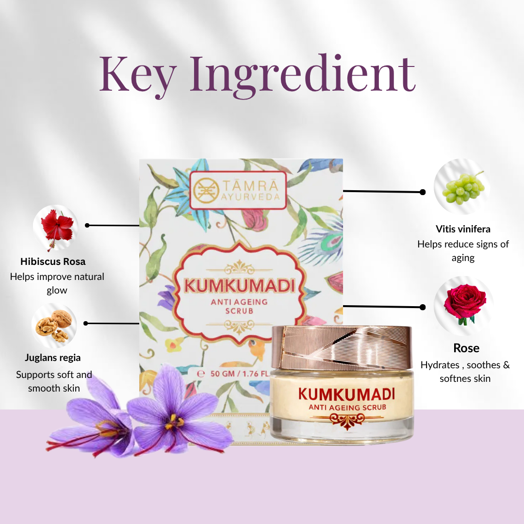 Kumkumadi anti-ageing scrub packaging with key ingredients highlighted on a light background
