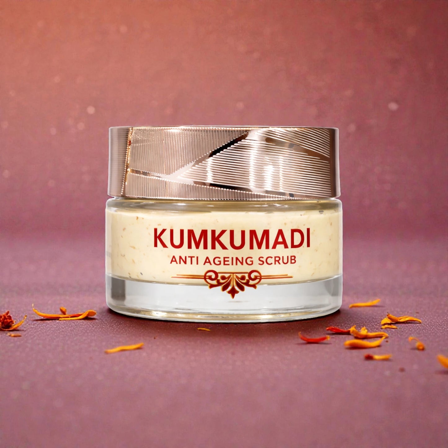 Kumkumadi anti-ageing scrub jar on a pink background