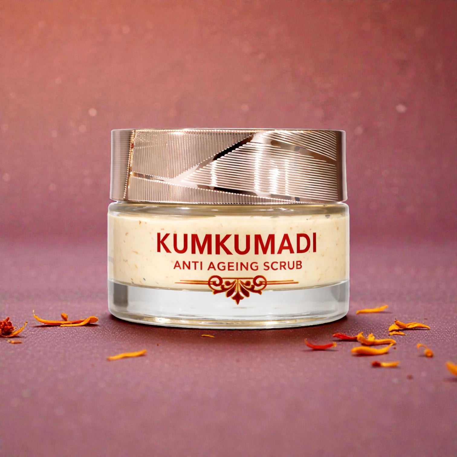 Kumkumadi anti-ageing scrub jar on a pink background