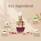 Kumkumadi anti-ageing serum with key ingredients on a beige background