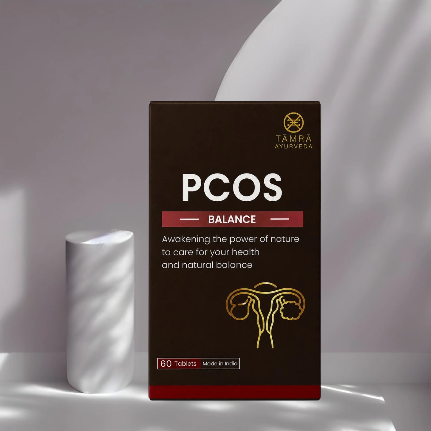 Tamra Ayurveda PCOS Balance supplement packaging on a neutral background