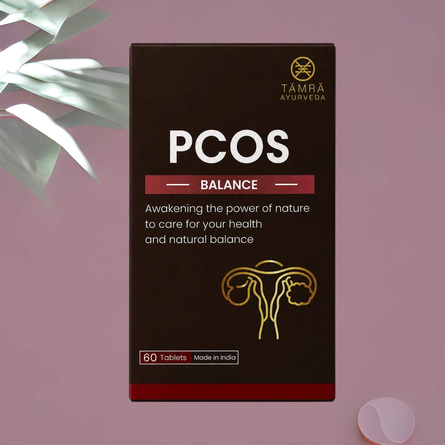 TAMRA AYURVEDA PCOS Balance supplement packaging on a pink background