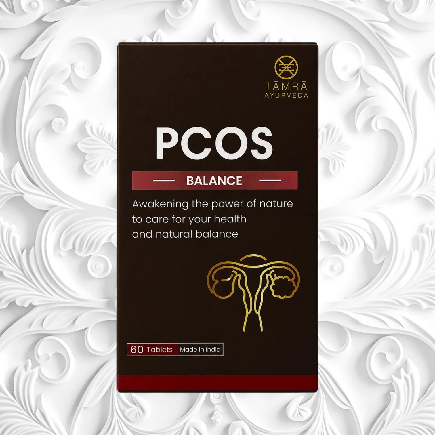 Tama Ayurveda PCOS Balance supplement packaging on a decorative white background