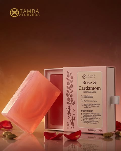 Tamra Ayurveda Rose & Cardamom soap with packaging on a warm background