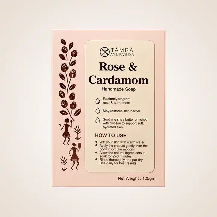 Tamra Naturveda Rose & Cardamom handmade soap packaging on a light pink background