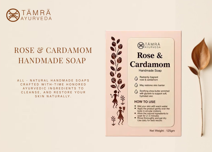Tamra Ayurveda Rose & Cardamom handmade soap packaging with product details on a beige background.