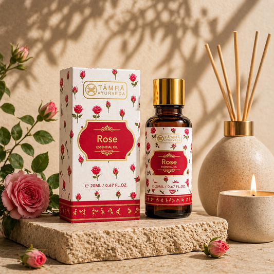 TAMRA AYURVEDA Rose essential oil bottle and packaging with a candle and rose flowers on a stone surface.