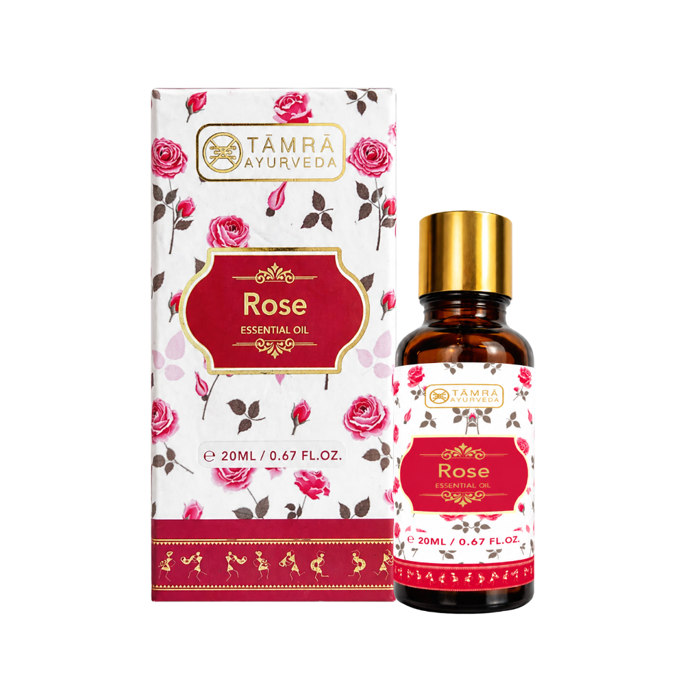 Támra Ayurveda Rose essential oil bottle and packaging on a white background