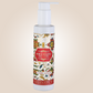 Body lotion bottle with decorative label on a beige background