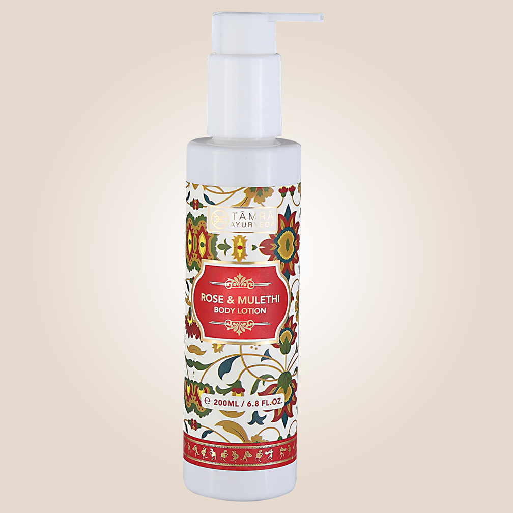 Body lotion bottle with decorative label on a beige background