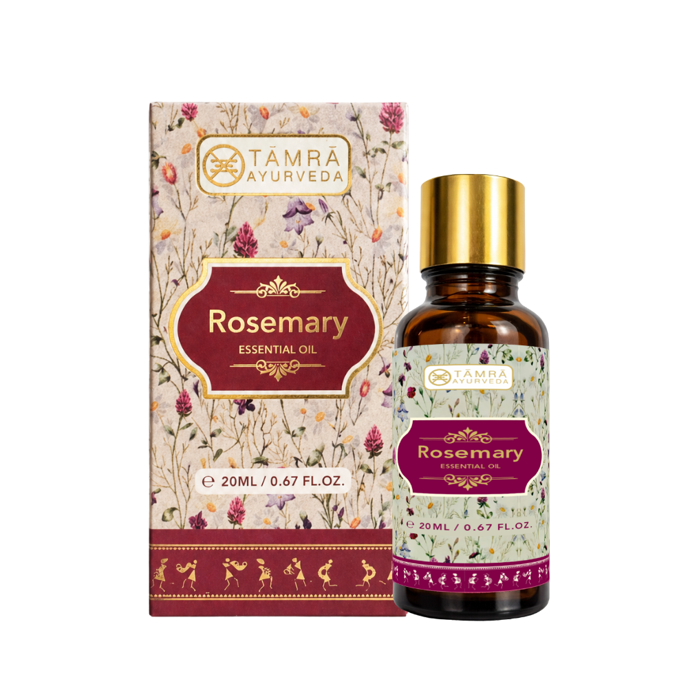 Rosemary essential oil bottle and packaging with Tamra Ayurveda branding on a white background