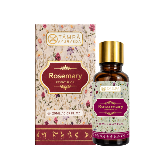 Rosemary essential oil bottle and packaging with Tamra Ayurveda branding on a white background