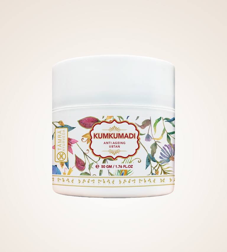 Tamra Kumkumadi anti-ageing cream jar with floral design on a light background