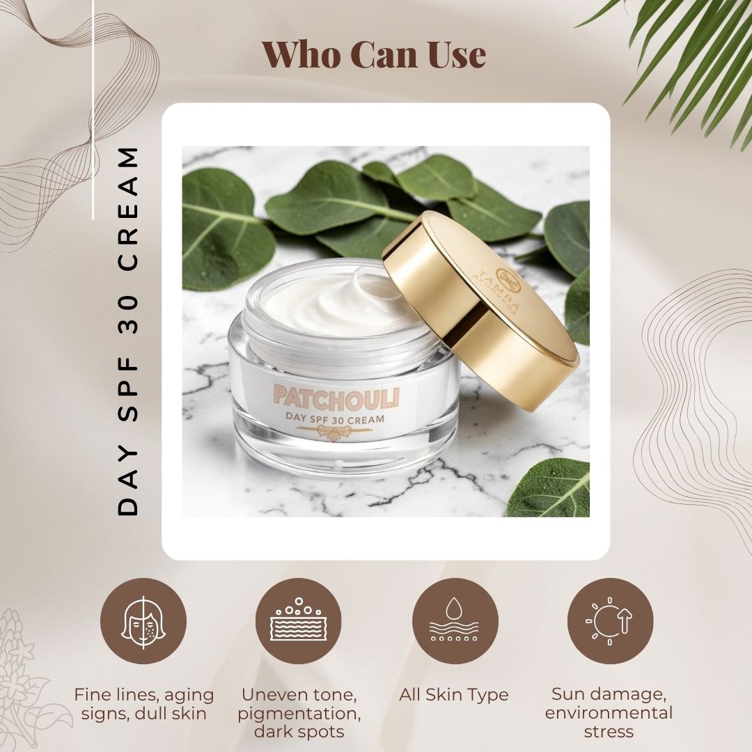 Patchouli Day SPF 30 Cream jar with gold lid on a marble surface with green leaves, surrounded by text about who can use it.