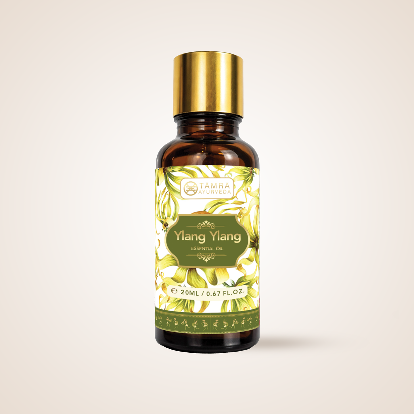 Tamra Ayurveda Essential oil bottle with gold cap and green label