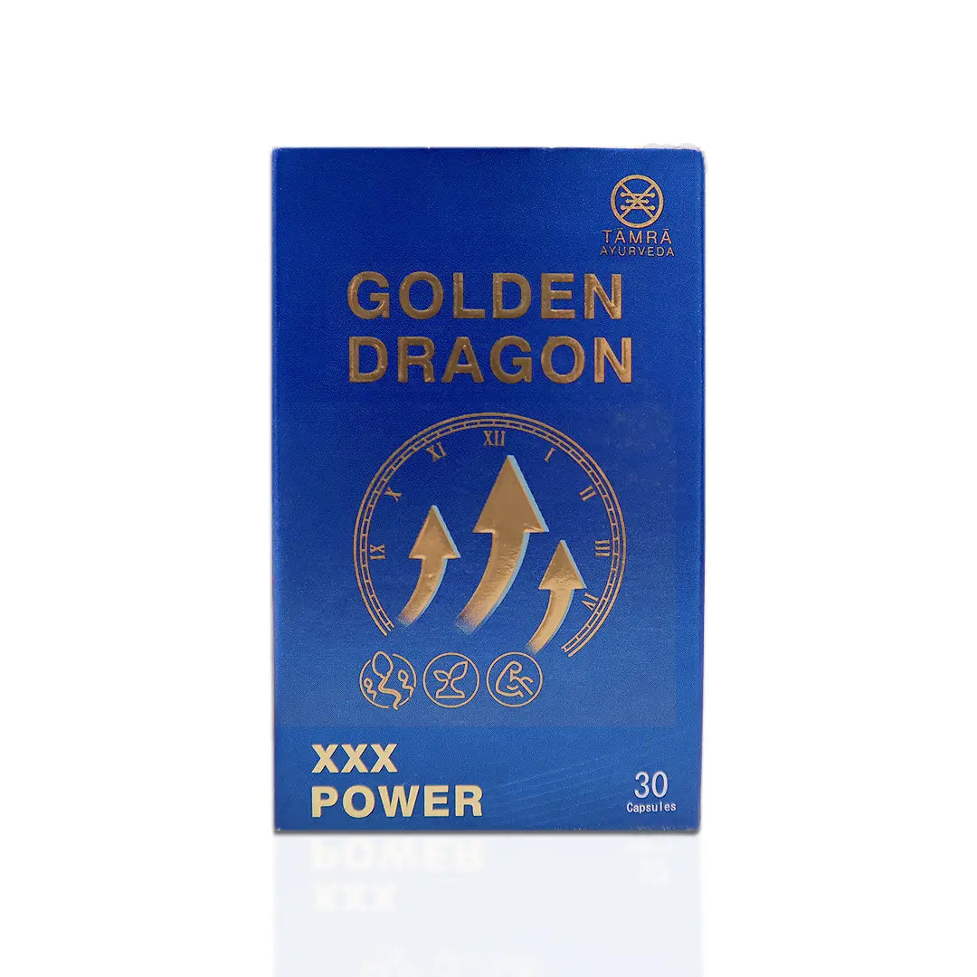 Blue packaging of 'Tamra Ayurveda Golden Dragon XXX Power' with gold text.