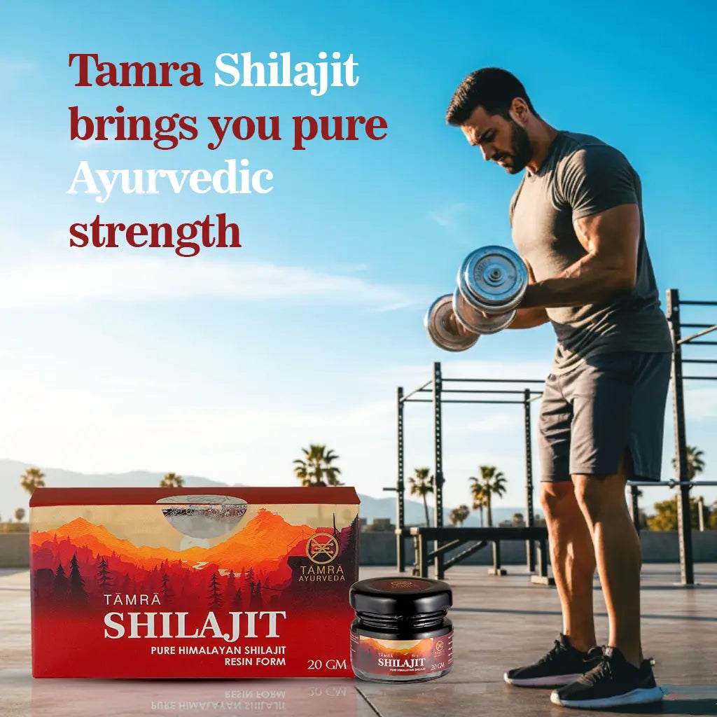 Man lifting weights with Tamra Shilajit products on a wooden deck.