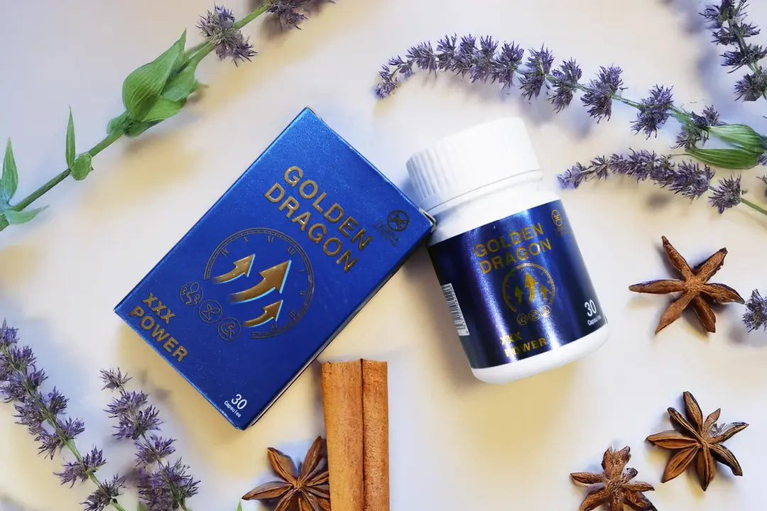 Tamra Golden Dragon supplement bottle and packaging on a light background with herbs.