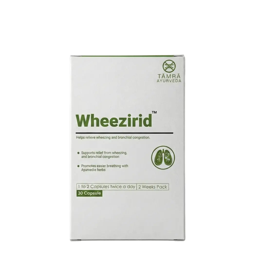 Wheezirid packaging with Támra Ayurveda logo on a white background