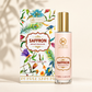 Saffron repair emulsion bottle and packaging with floral design on a beige background