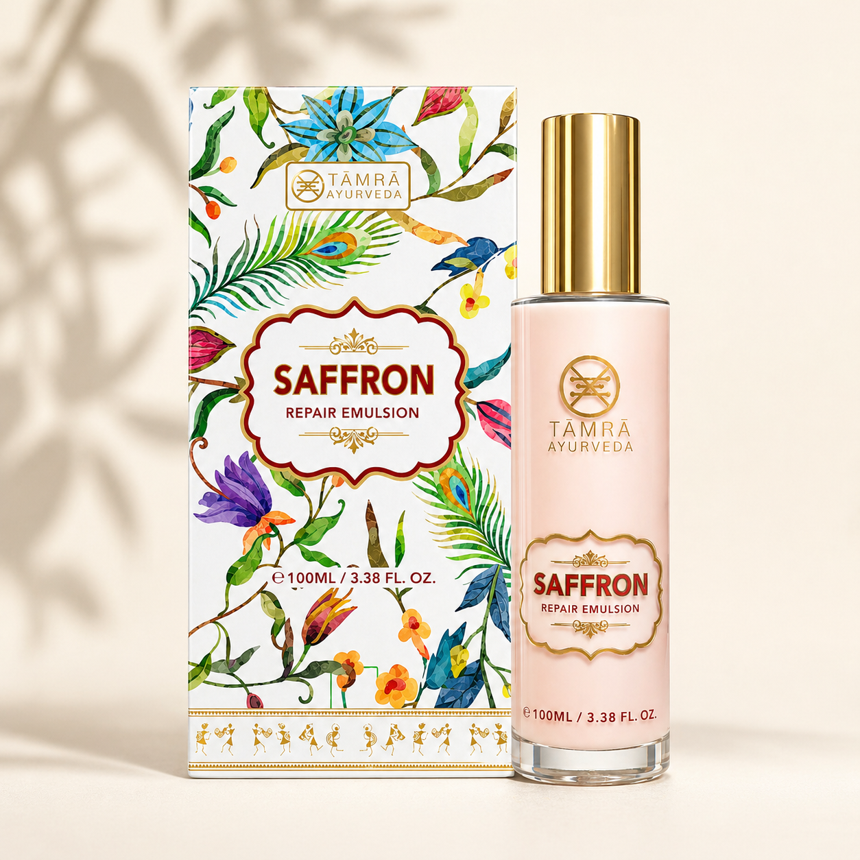 Saffron repair emulsion bottle and packaging with floral design on a beige background