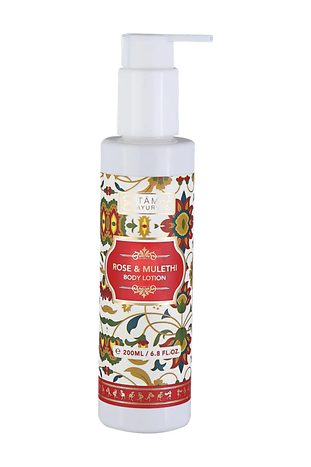 Body lotion bottle with floral design and pump on a white background