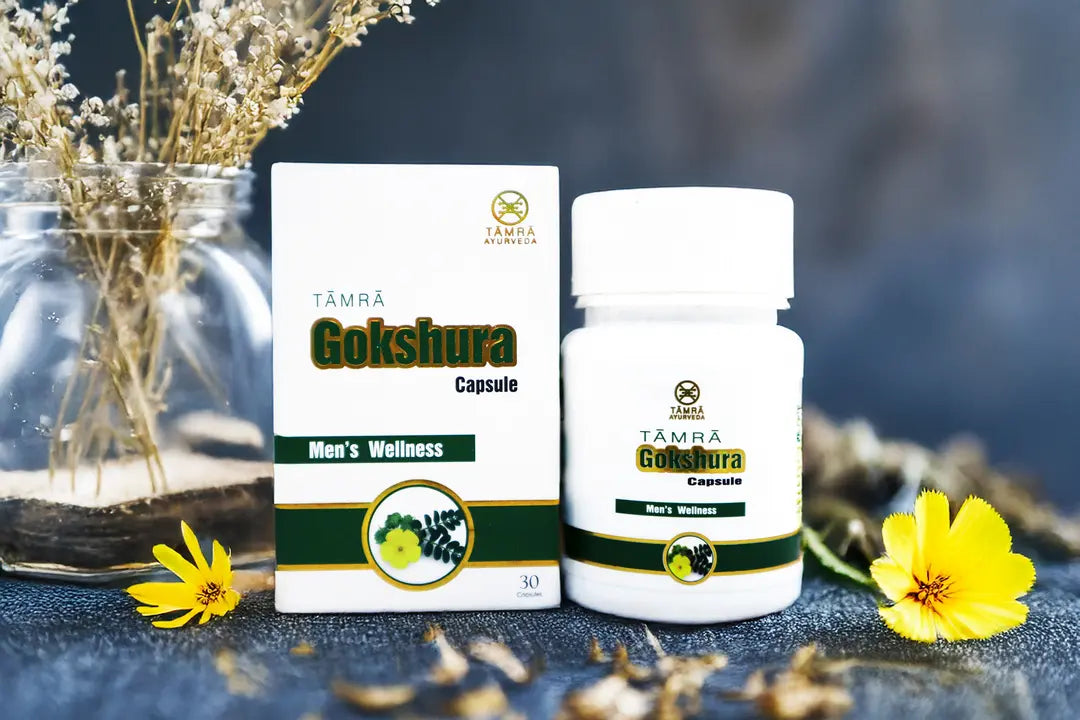 Tamra Ayurveda Gokshura capsule packaging with a bottle on a decorative background