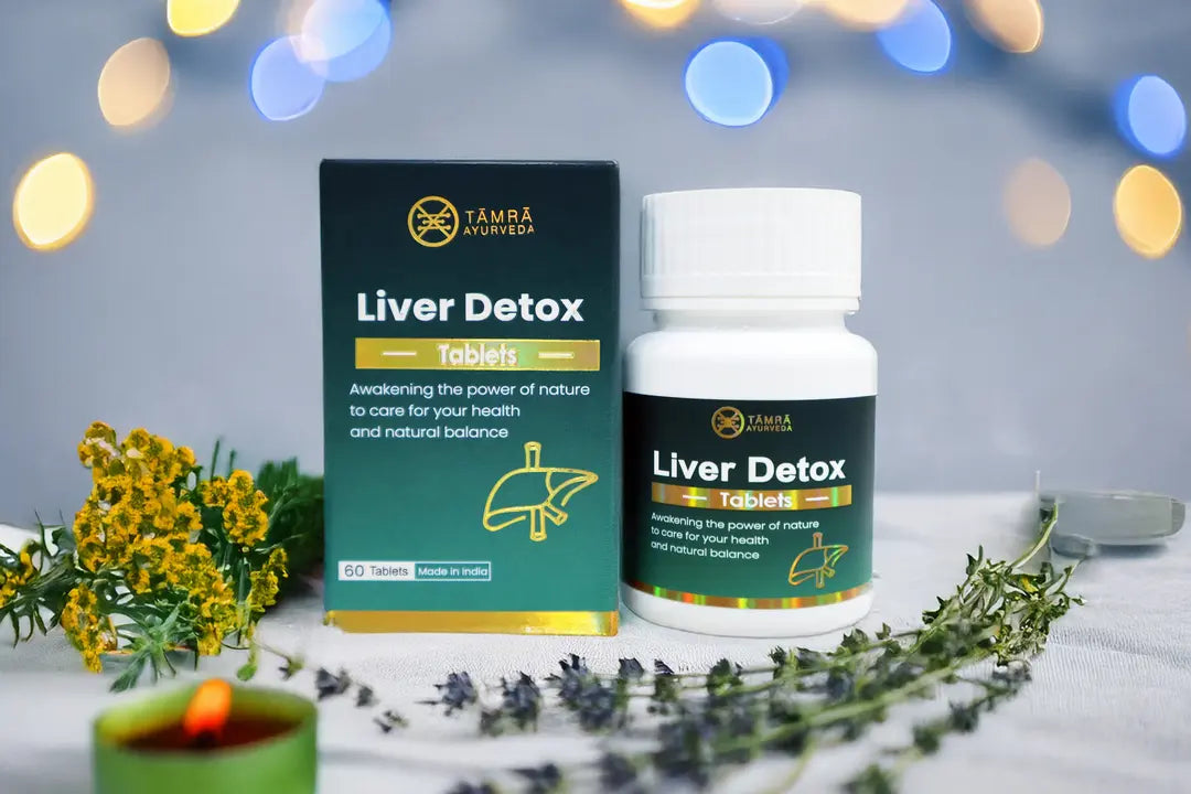 Tamra Liver Detox supplement packaging with herbs and flowers in the background