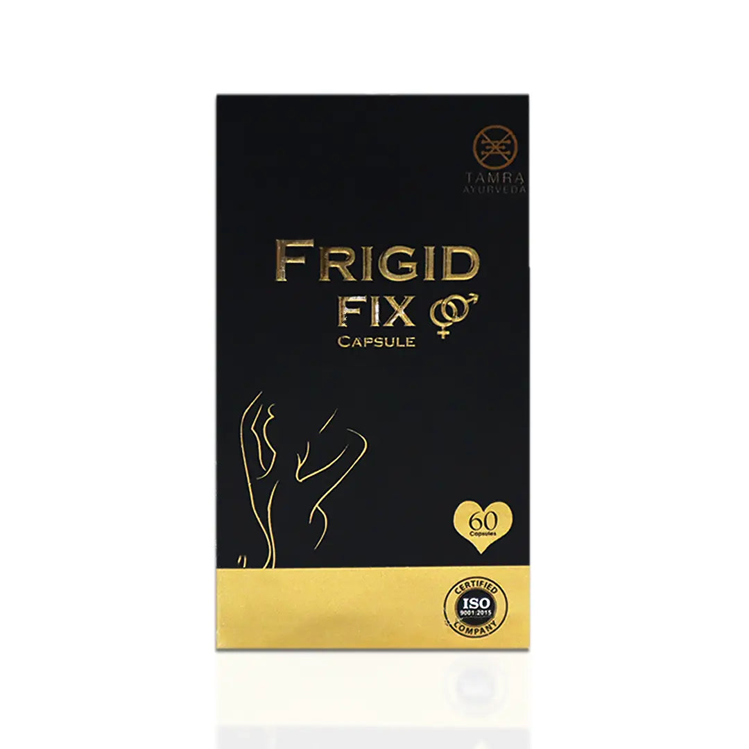 Black and gold packaging of 'Tamra Frigid Fix' capsule with ISO certification logo on a white background